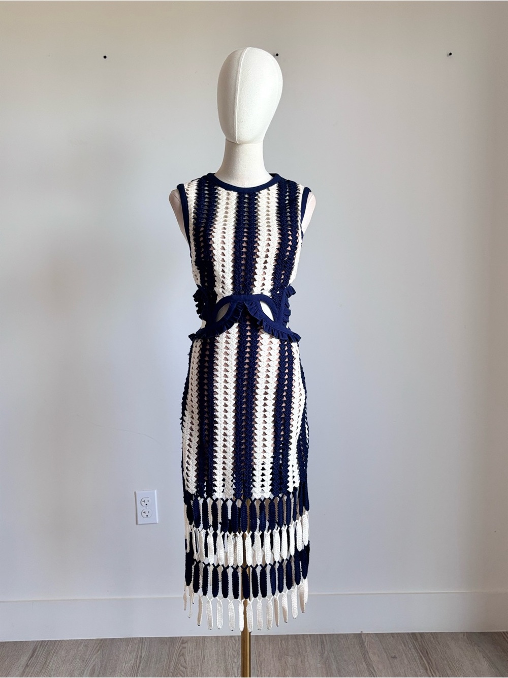 Self-Portrait Navy and White Crochet Midi Dress